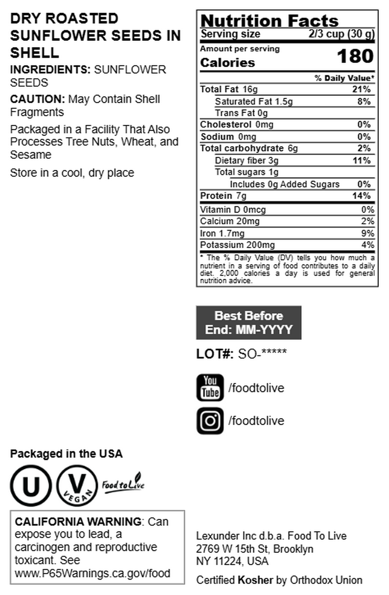 Dry Roasted Sunflower Seeds in Shell – Kosher, Vegan, Bulk – by Food to Live