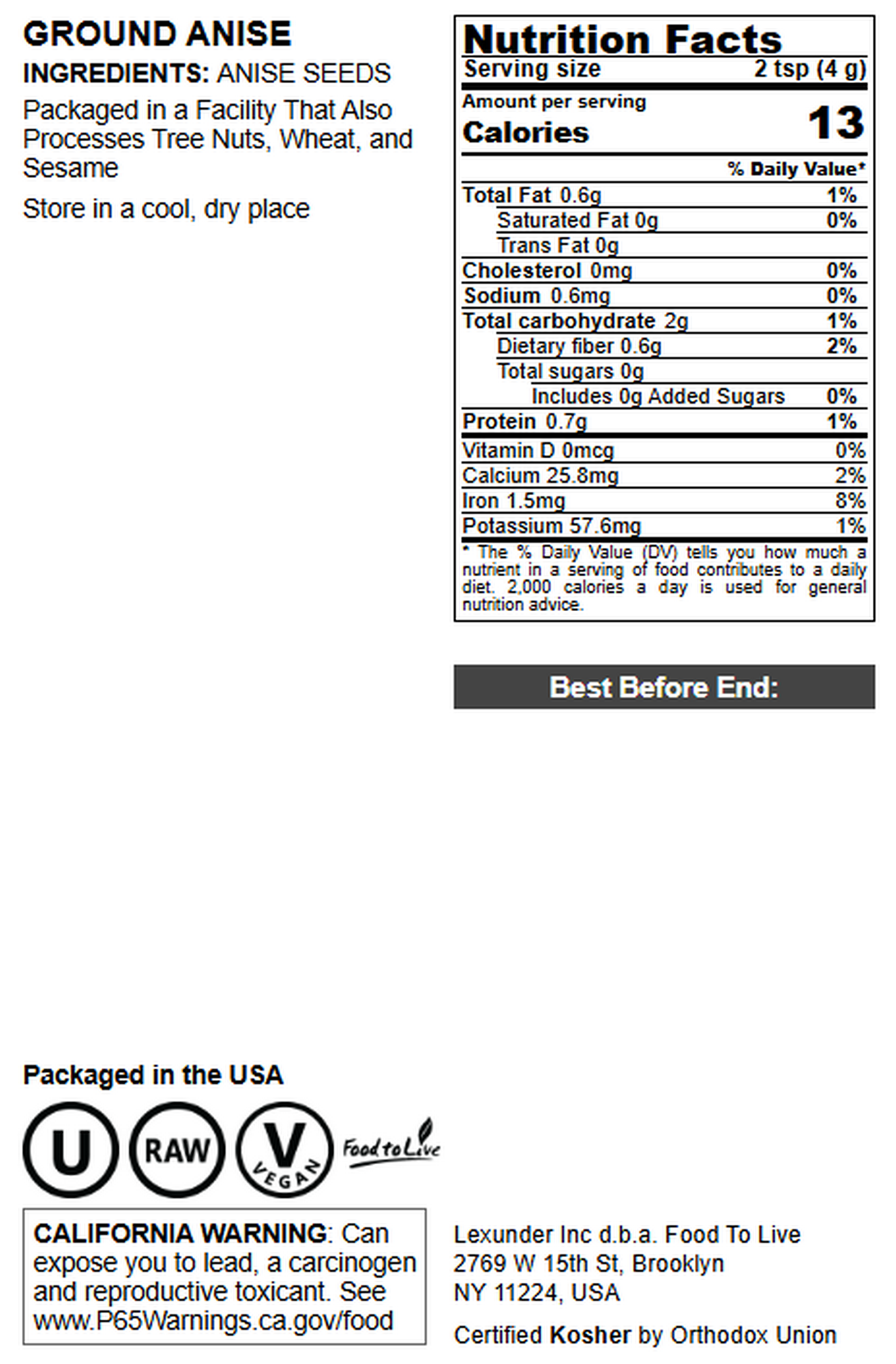 Ground Anise – Kosher, Vegan, Bulk  – by Food to Live