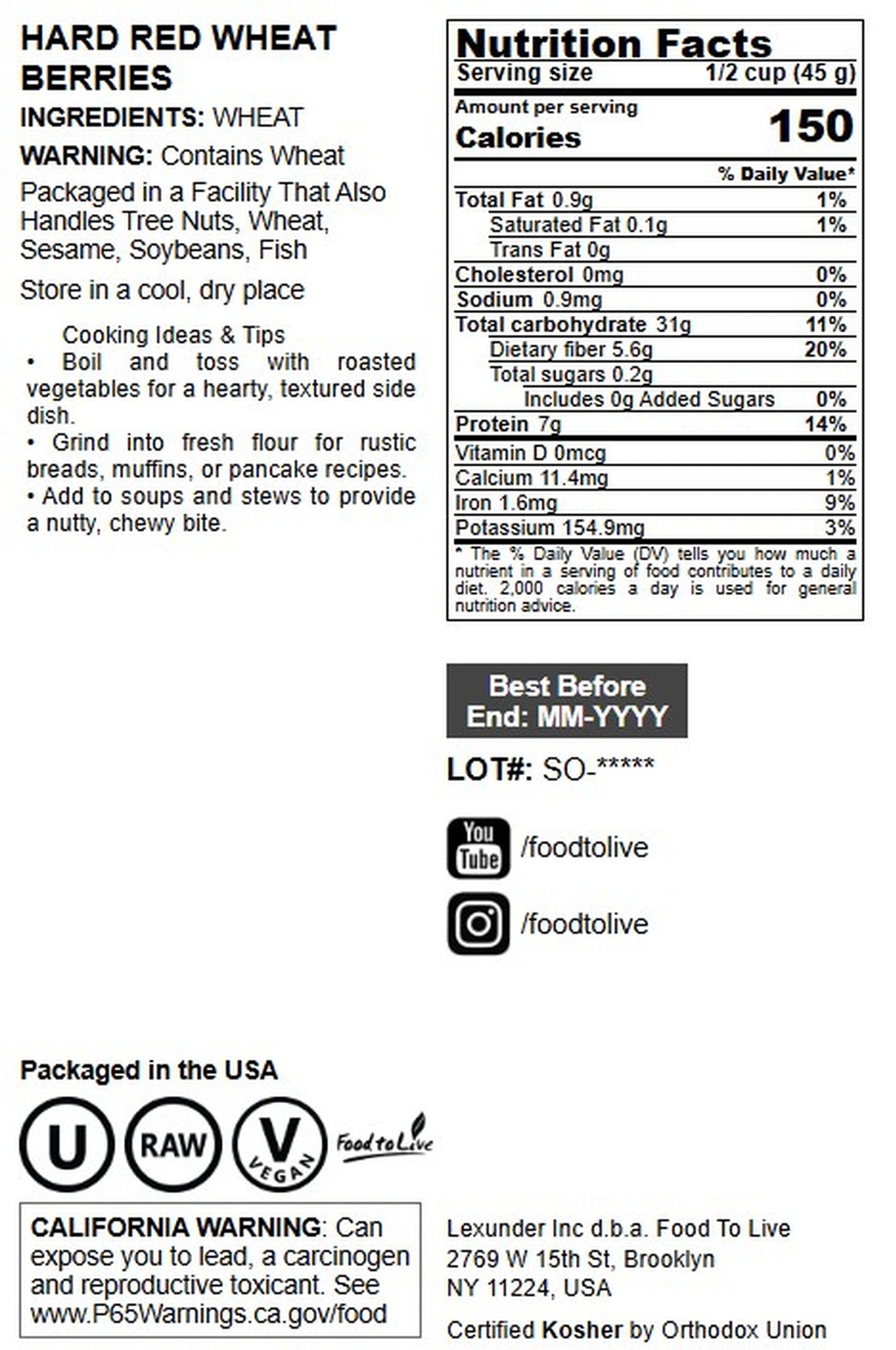 Hard Red Wheat Berries - by Food To Live