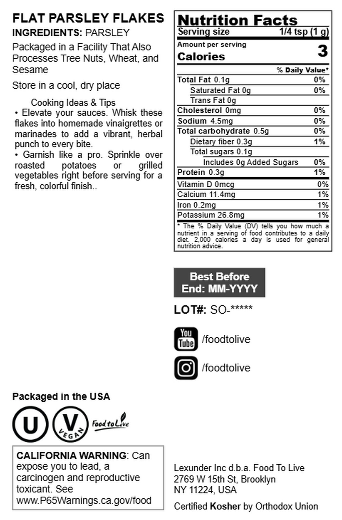 Flat Parsley Flakes – Kosher, Vegan, Bulk – by Food to Live