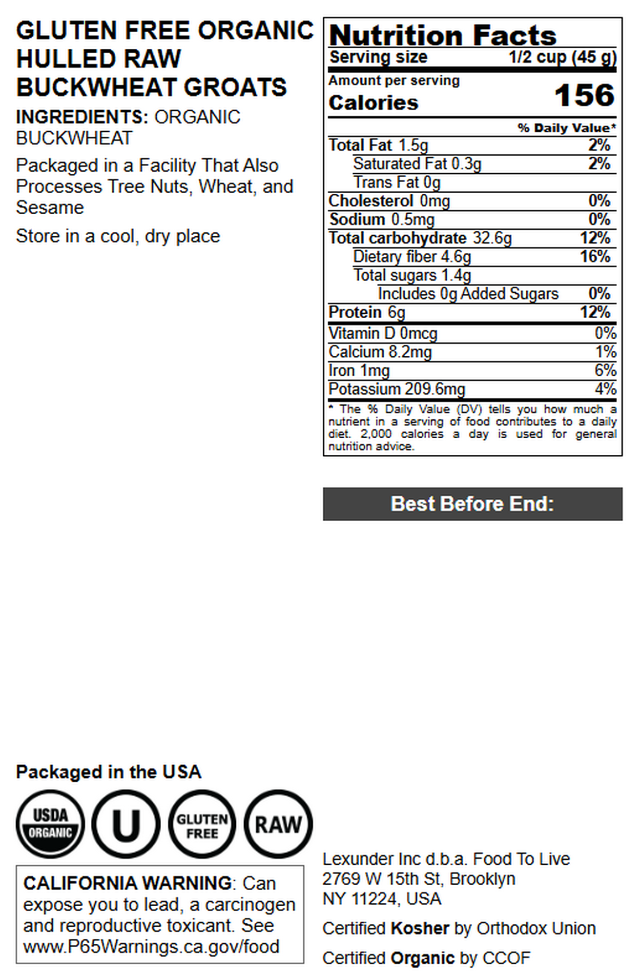 Gluten Free Organic Hulled Raw Buckwheat Groats - by Food To Live