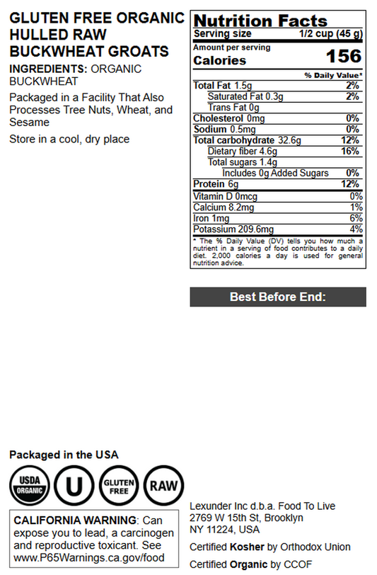 Gluten Free Organic Hulled Raw Buckwheat Groats - by Food To Live