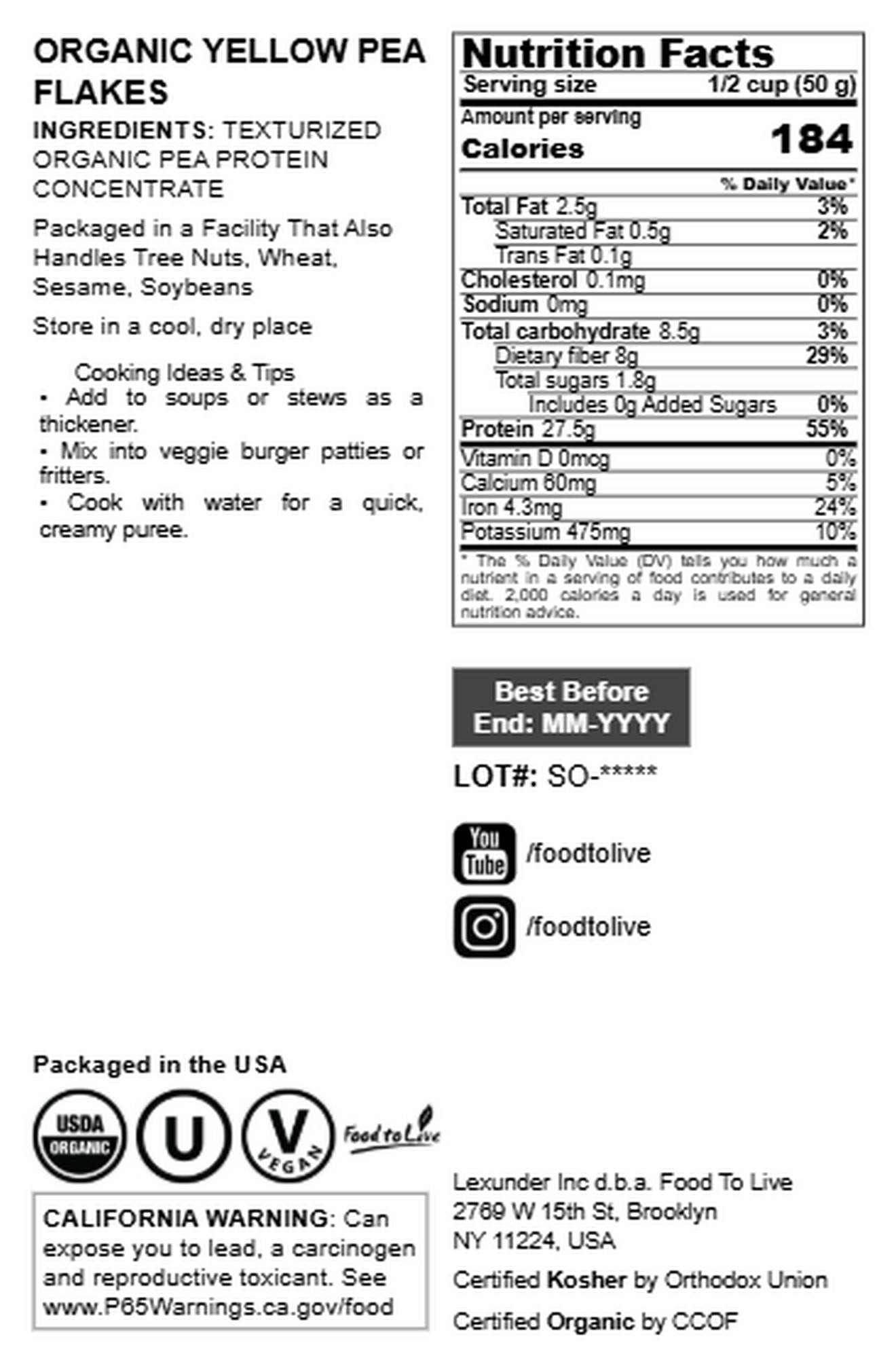Organic Yellow Pea Flakes – No-GMO, Keto, Kosher, Bulk – by Food to Live