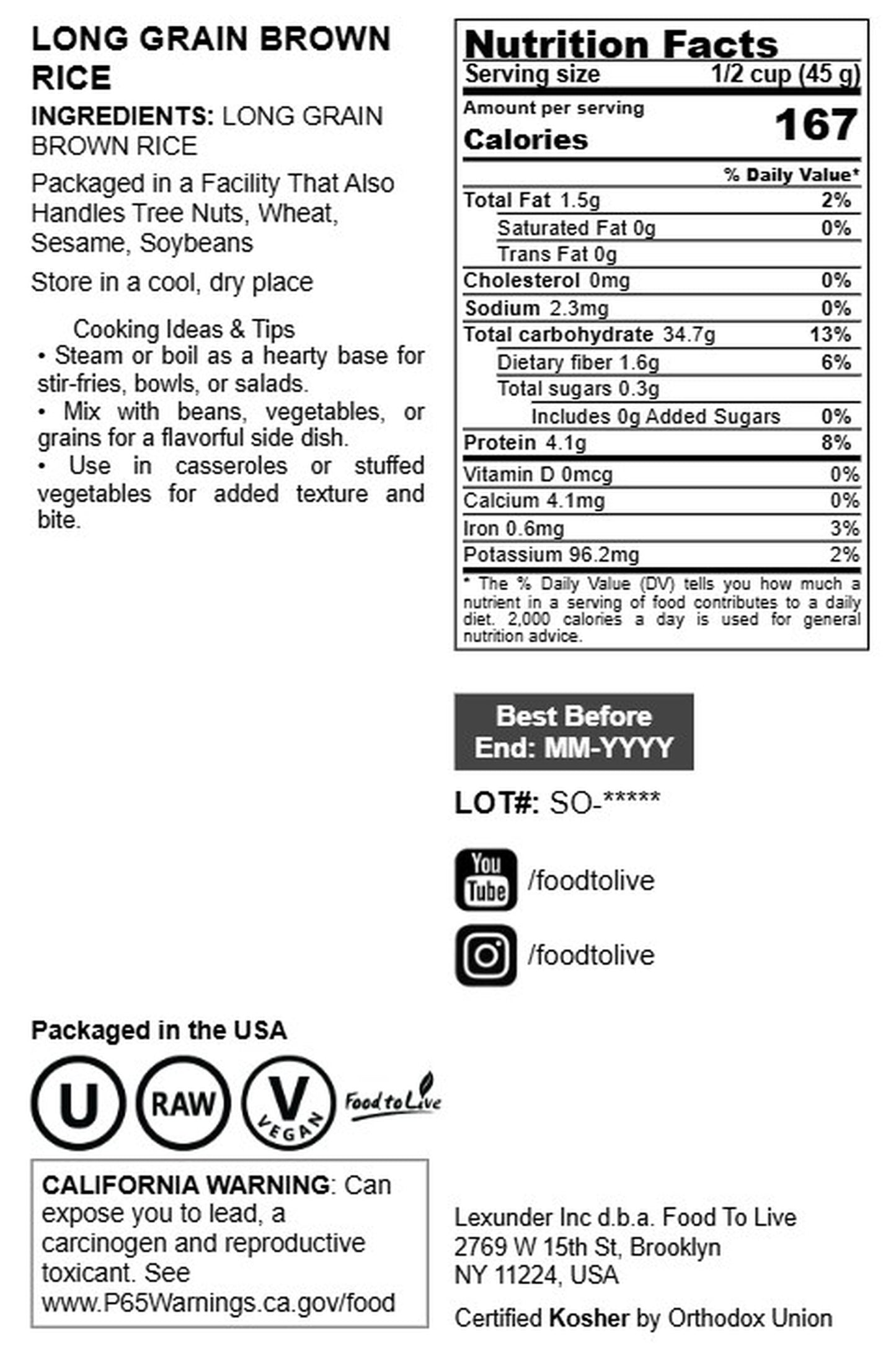 Long Grain Brown Rice - by Food To Live