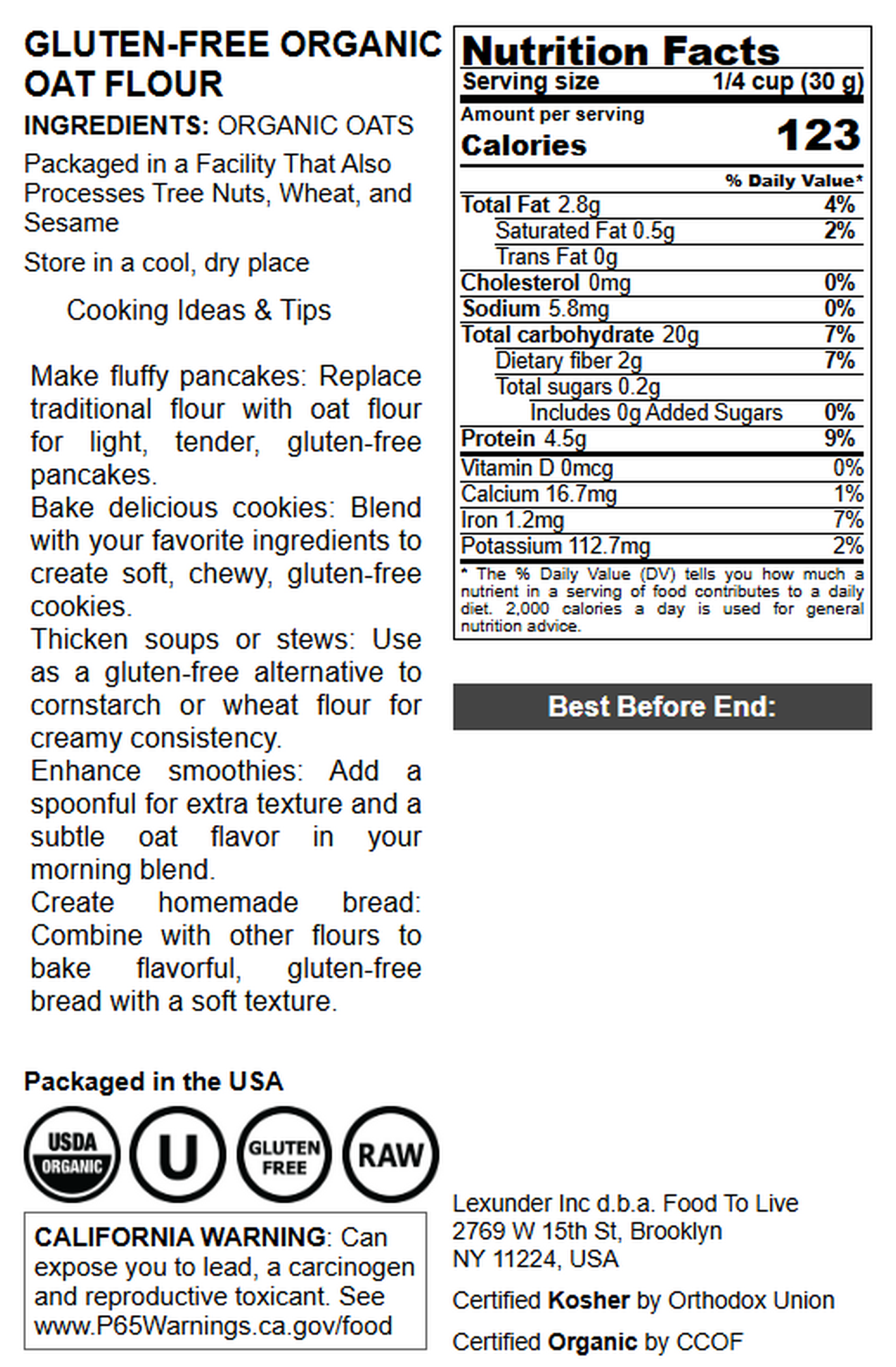 Gluten-Free Organic Oat Flour - by Food To Live