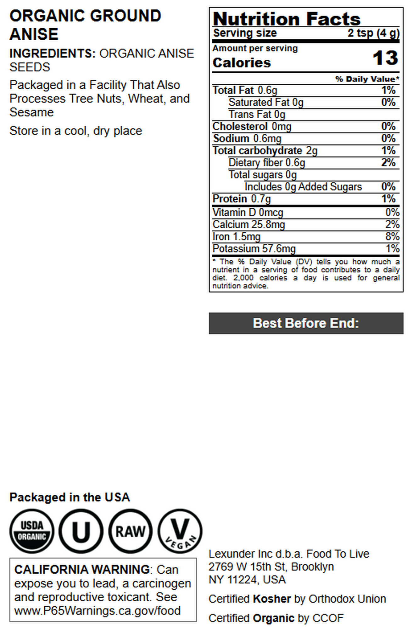 Organic Ground Anise –  Non-GMO, Kosher, Vegan – by Food to Live