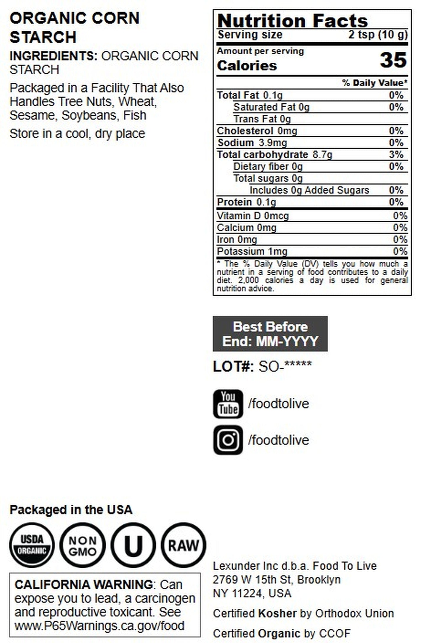 Organic Corn Starch - Non-GMO, Kosher, Vegan - by Food to Live