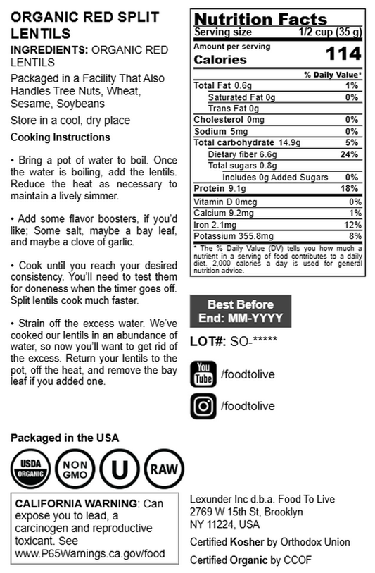 Organic Red Split Lentils - by Food To Live