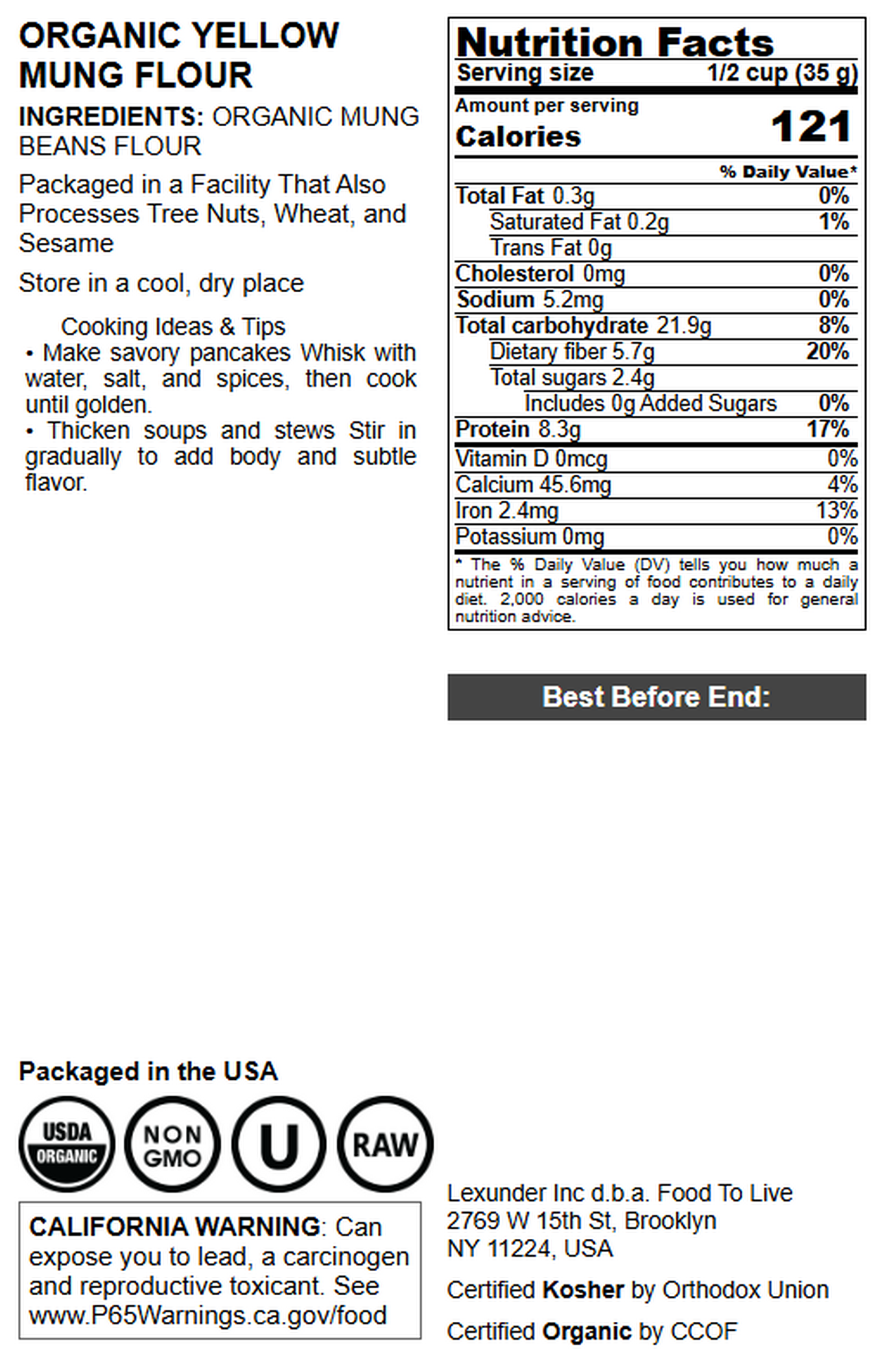 Organic Yellow Mung Flour – Non-GMO, Kosher, Vegan, Bulk – by Food to Live