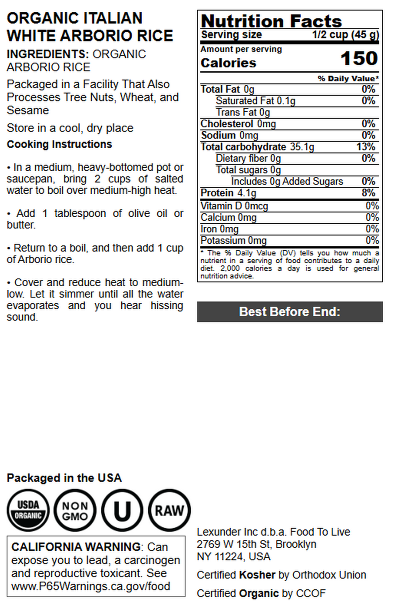 Organic Italian White Arborio Rice - by Food To Live