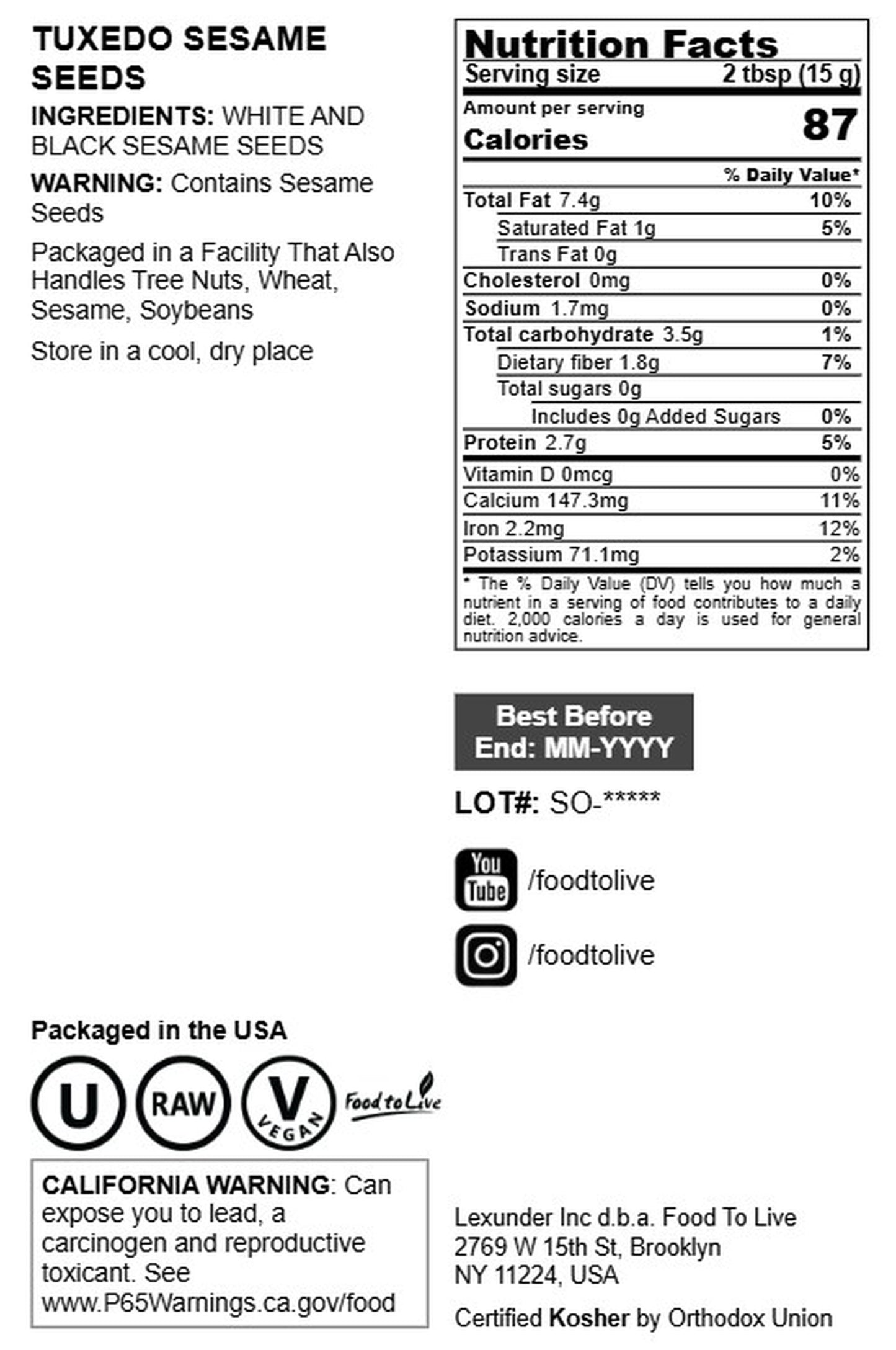 Tuxedo Sesame Seeds -  Vegan, Kosher, Bulk - by Food to Live