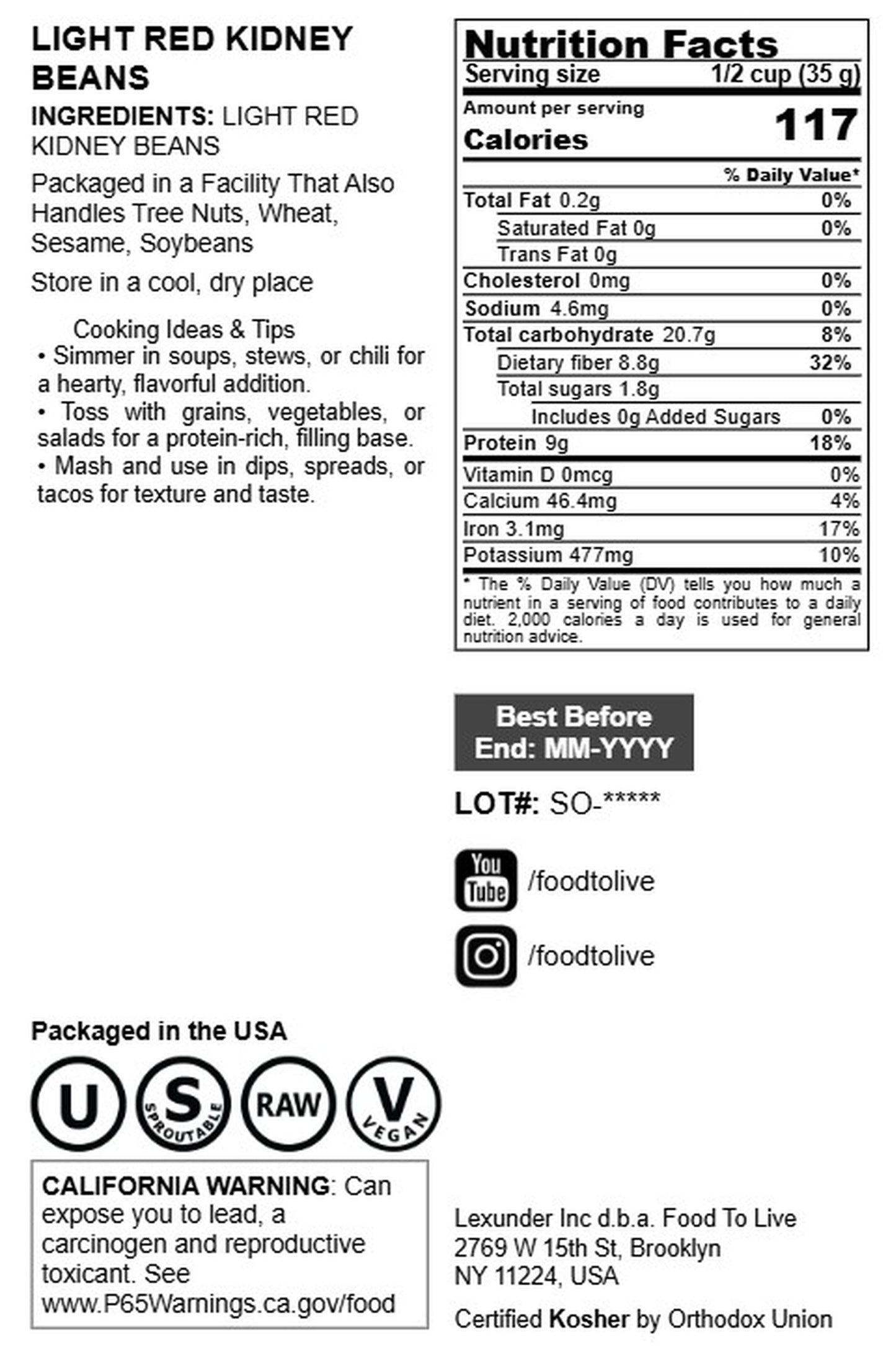 Light Red Kidney Beans - by Food To Live