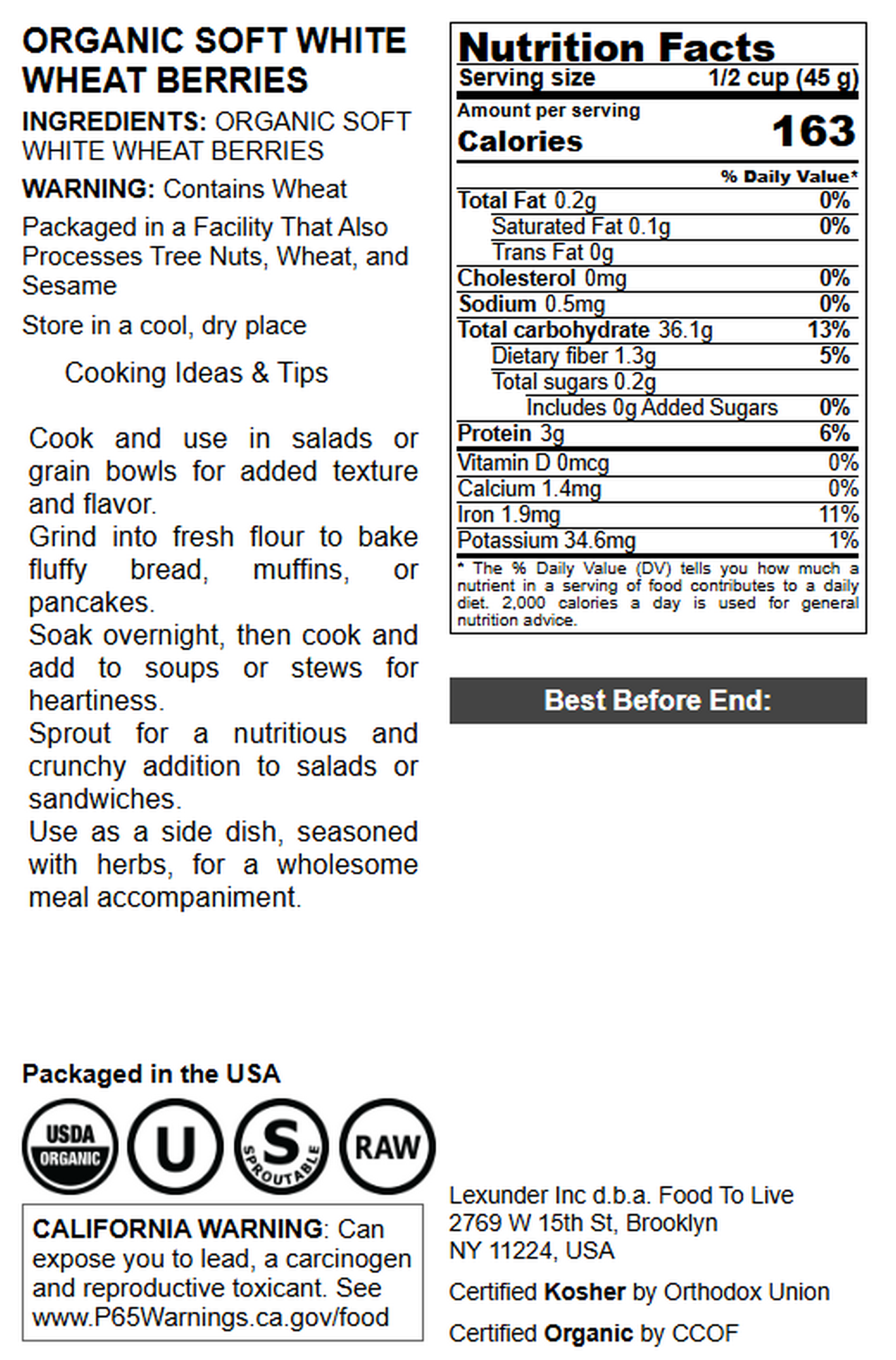 Organic Soft White Wheat Berries - by Food To Live