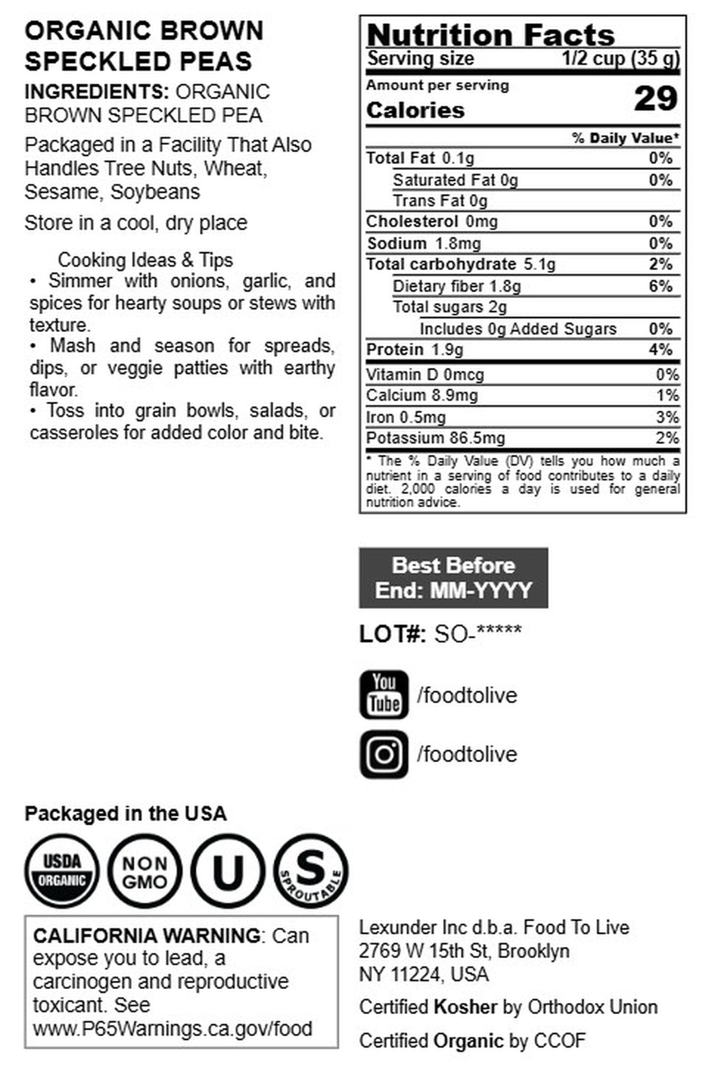 Organic Brown Speckled Peas - by Food To Live