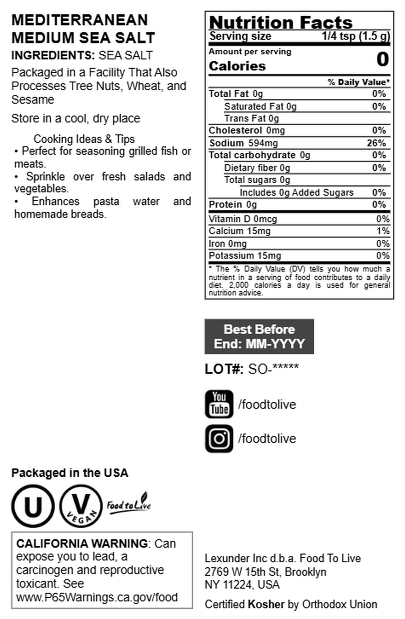 Mediterranean Medium Sea Salt – Vegan, Kosher, Bulk – by Food to Live
