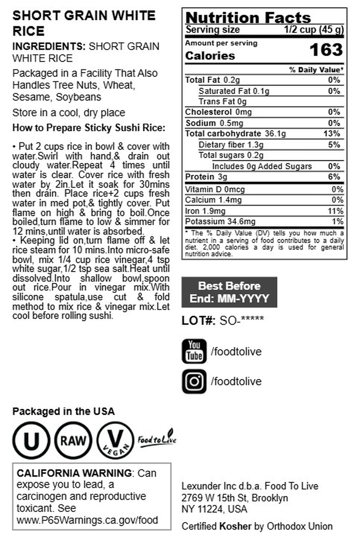 Short Grain White Rice - by Food To Live