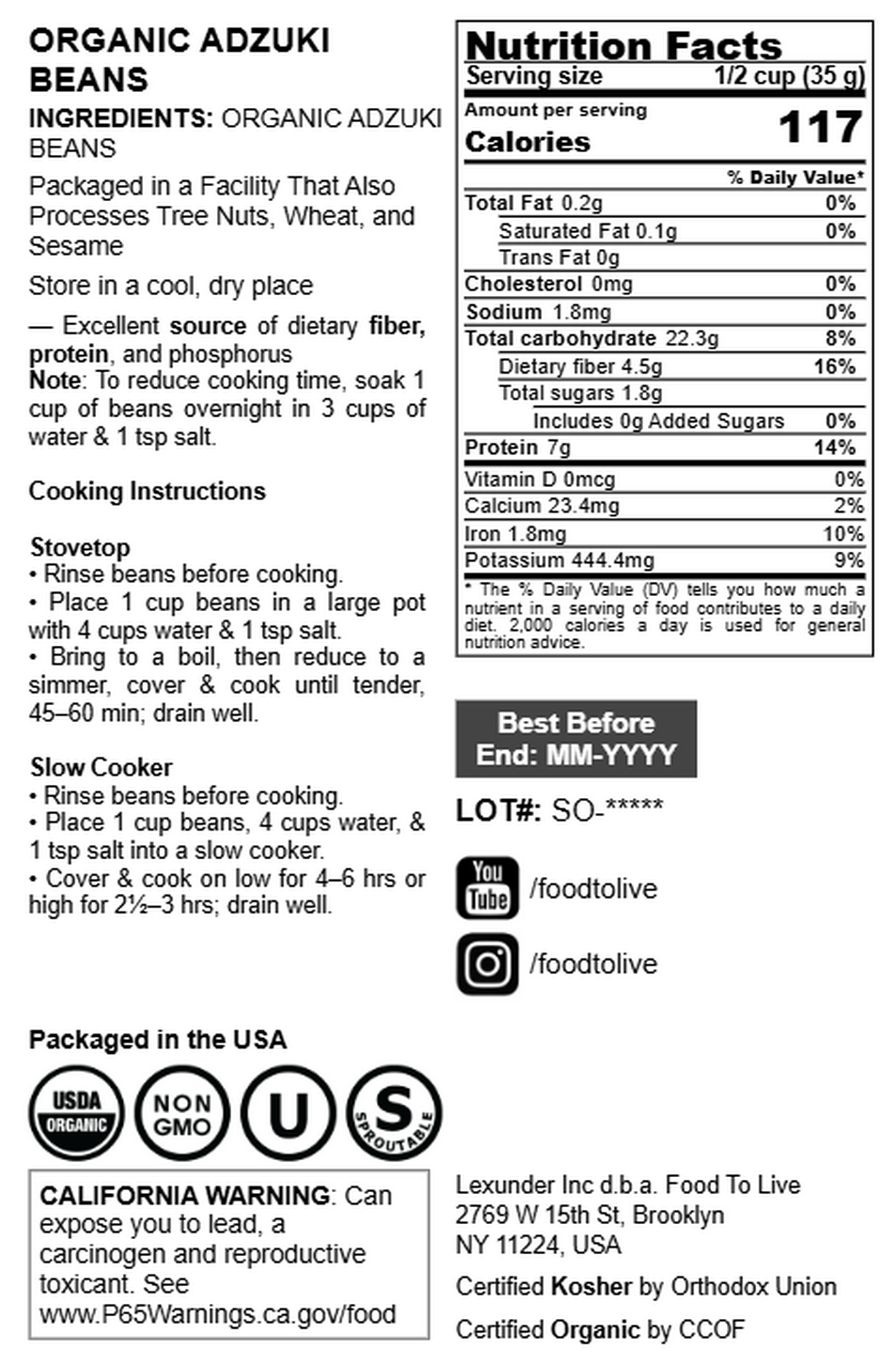 Organic Adzuki Beans - by Food To Live
