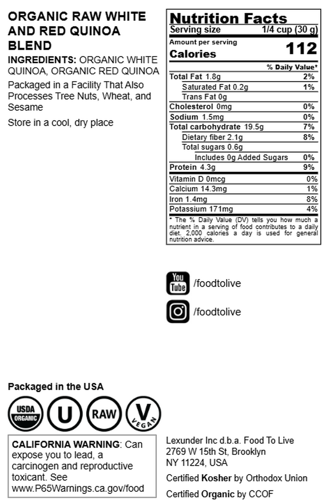 Organic Raw White and Red Quinoa Blend - by Food to Live