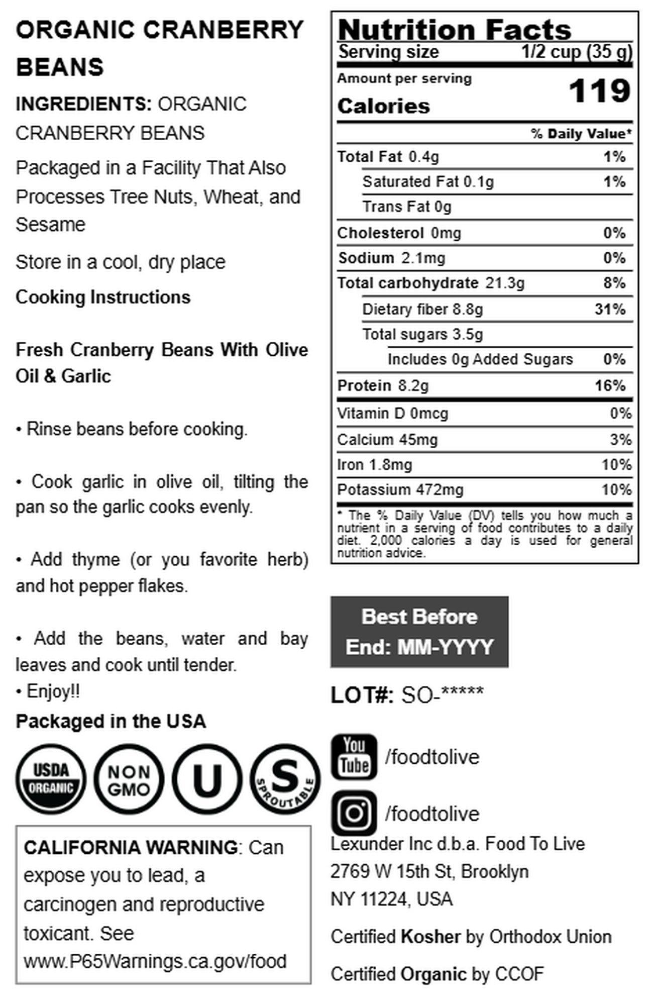 Organic Dried Cranberry Beans - by Food To Live
