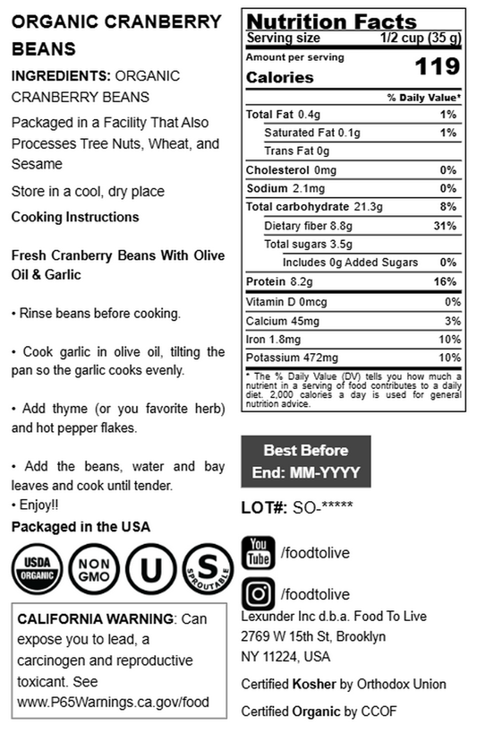 Organic Dried Cranberry Beans - by Food To Live