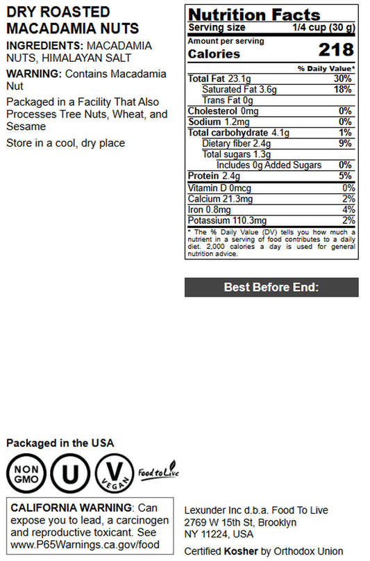 Dry Roasted Macadamia Nuts - by Food To Live