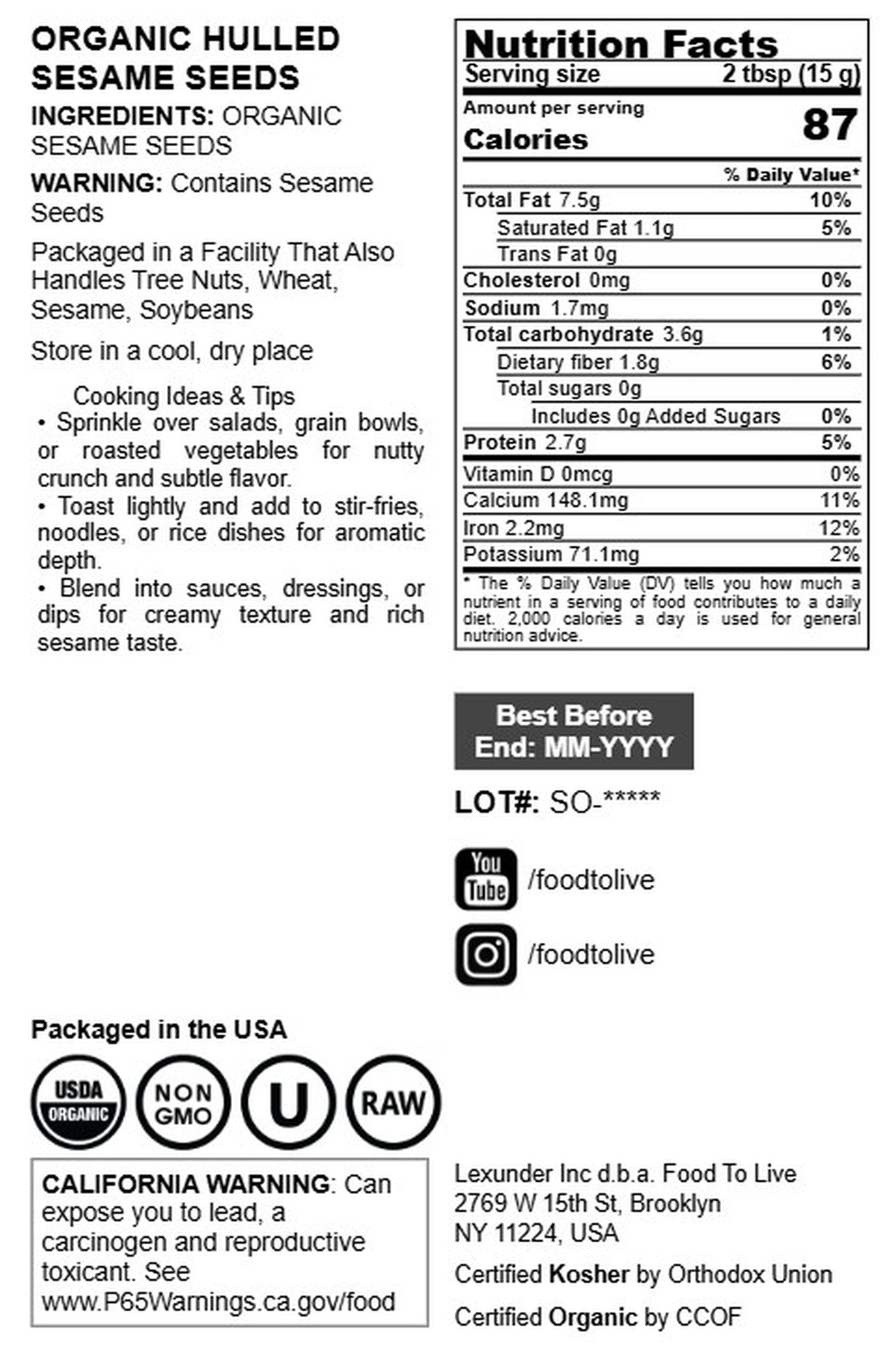 Organic Sesame Seeds - by Food To Live