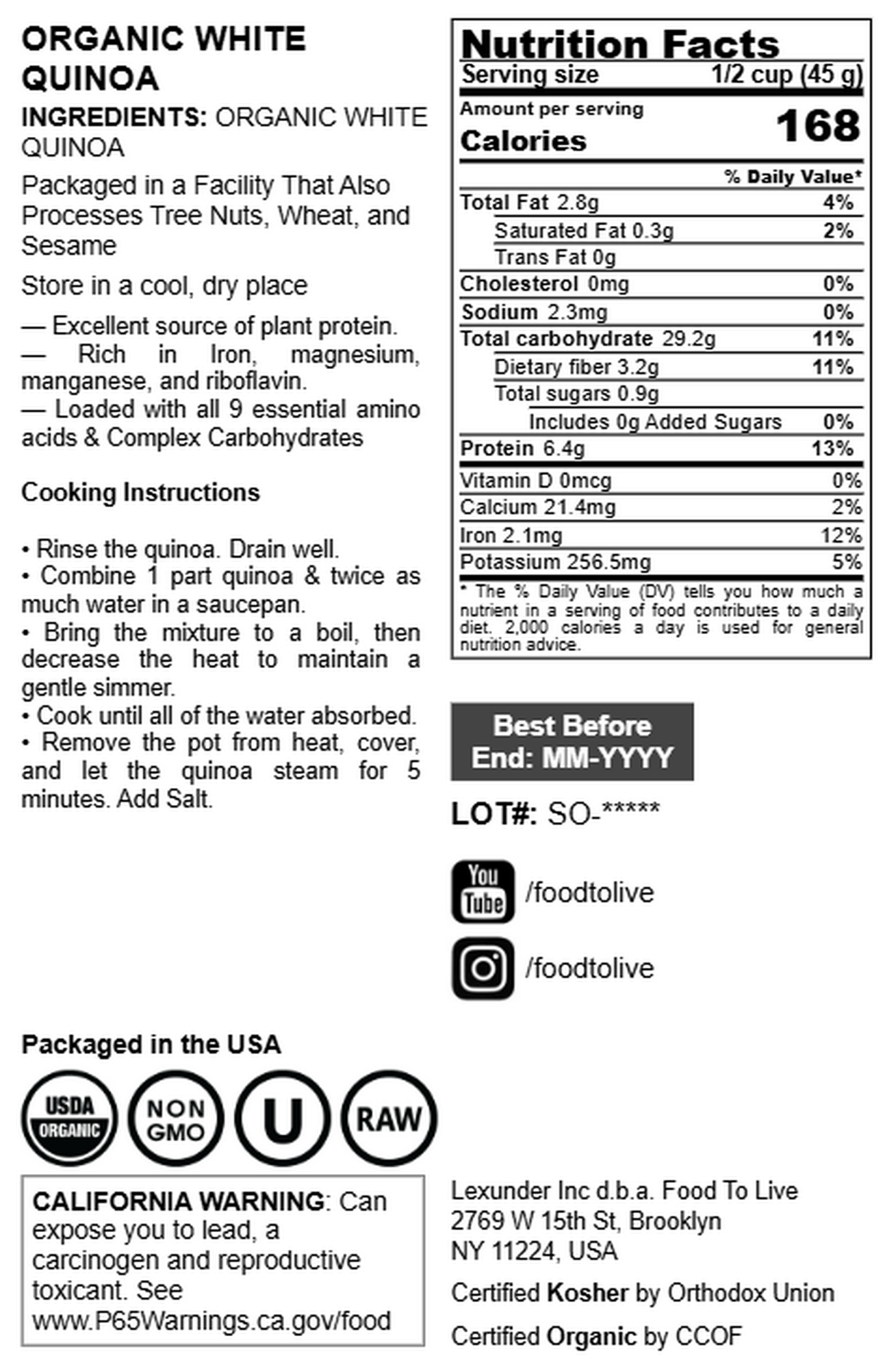 Organic White Quinoa - by Food To Live
