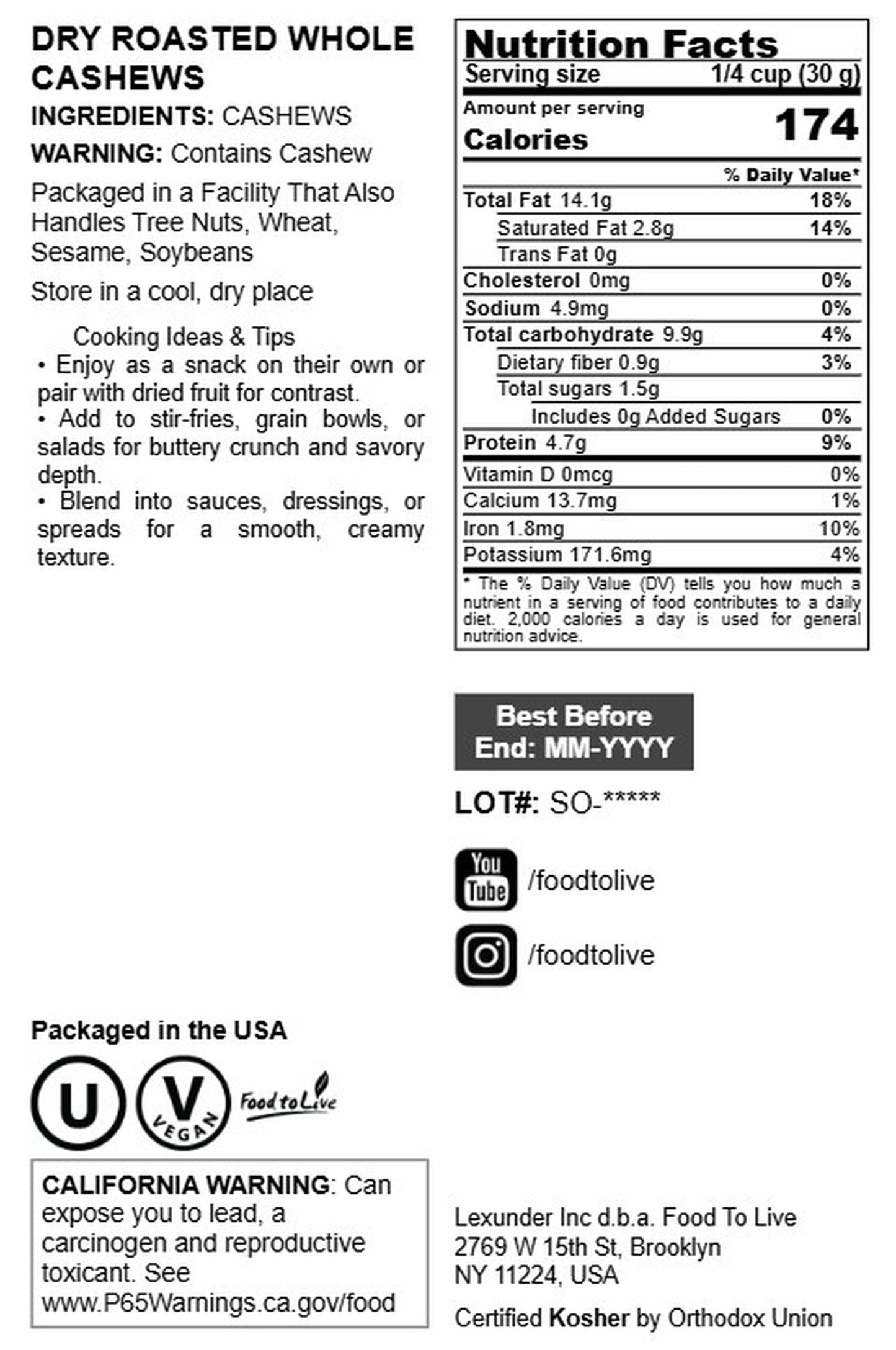 Dry Roasted Whole Cashews - by Food To Live