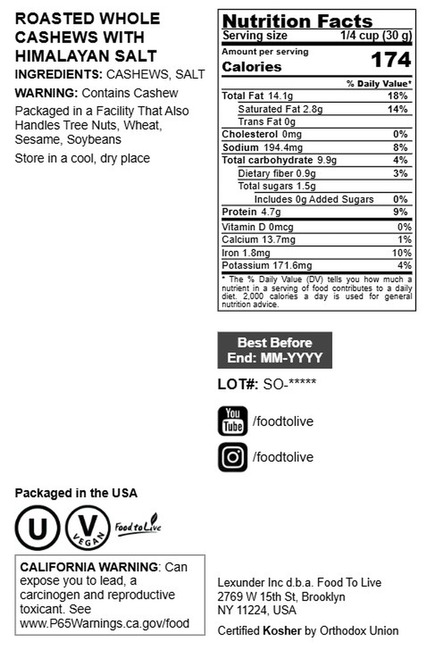 Dry Roasted Whole Cashews with Himalayan Salt - by Food To Live