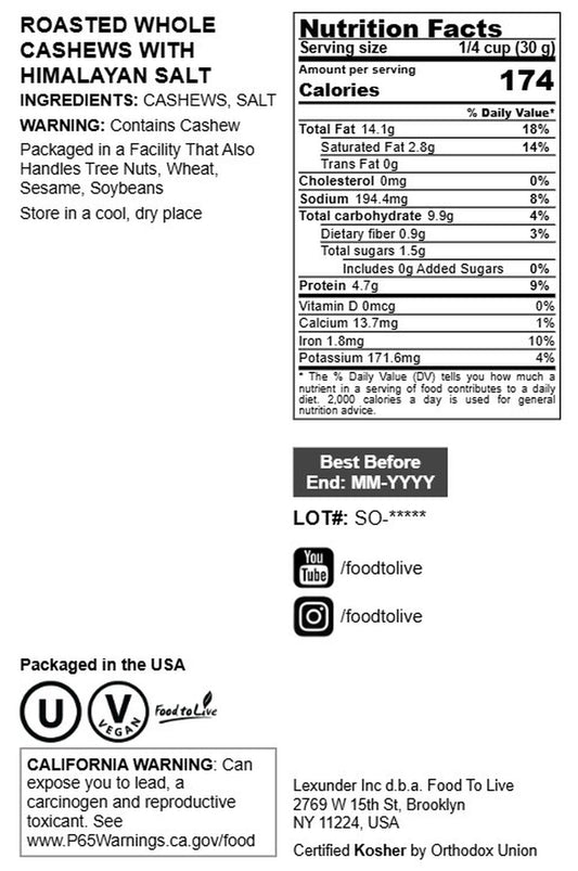 Dry Roasted Whole Cashews with Himalayan Salt - by Food To Live