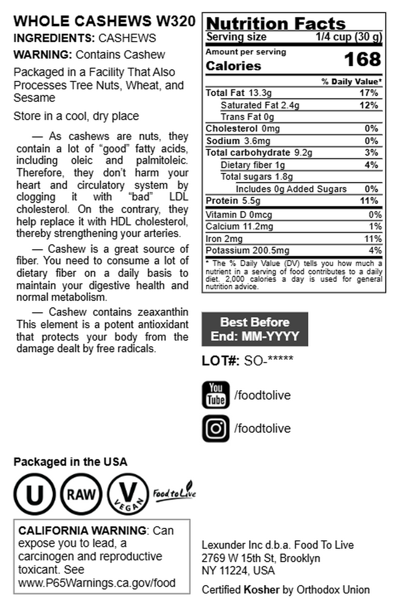 Raw Cashews - by Food To Live