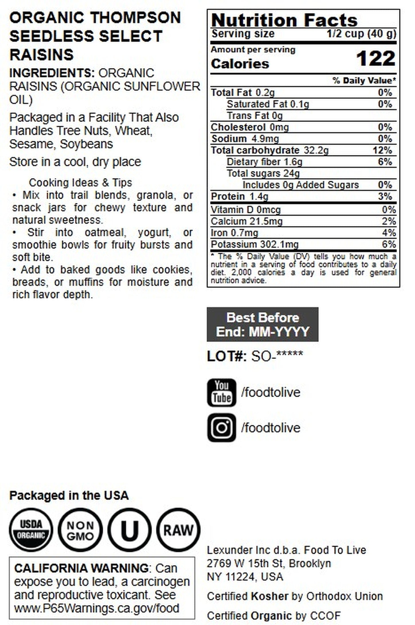 Organic Thompson Seedless Select Raisins - by Food To Live