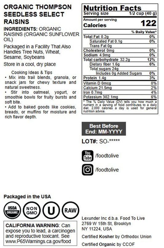 Organic Thompson Seedless Select Raisins - by Food To Live