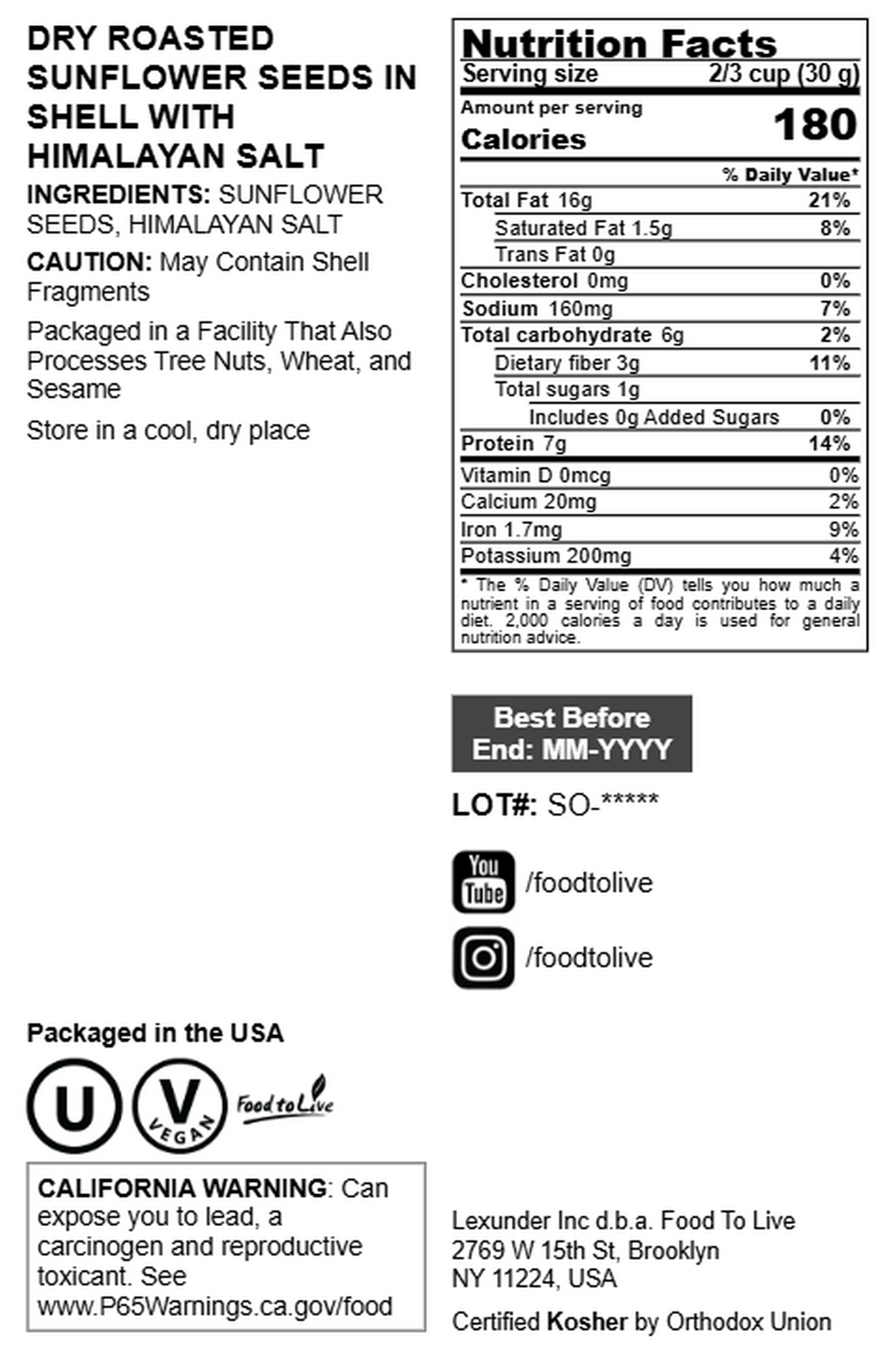 Dry Roasted Sunflower Seeds in Shell with Himalayan Salt – Kosher, Vegan, Bulk – by Food to Live