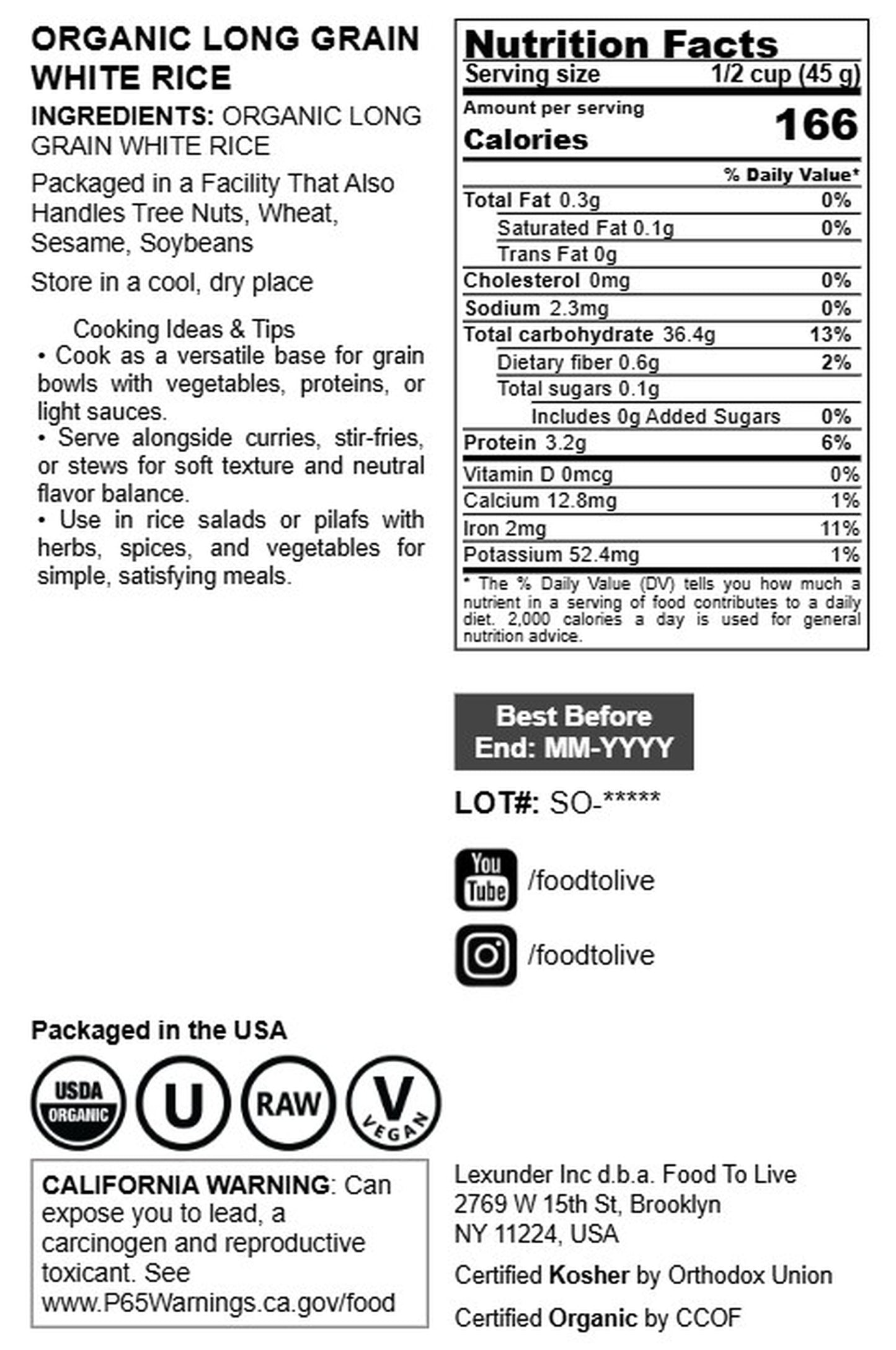 Organic Long Grain White Rice - by Food To Live