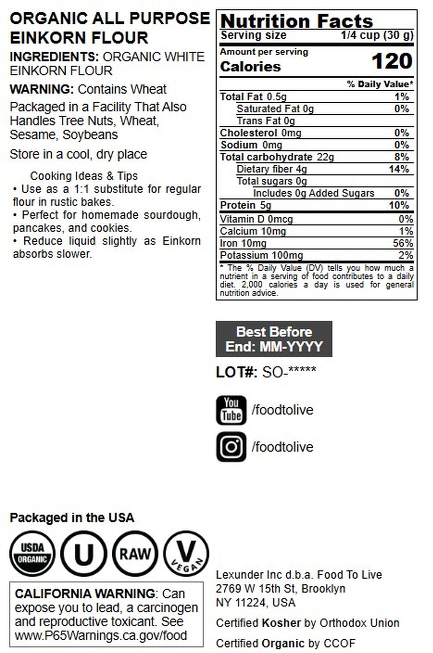 Organic All Purpose Einkorn Flour - Non-GMO, Vegan, Kosher - by Food to Live