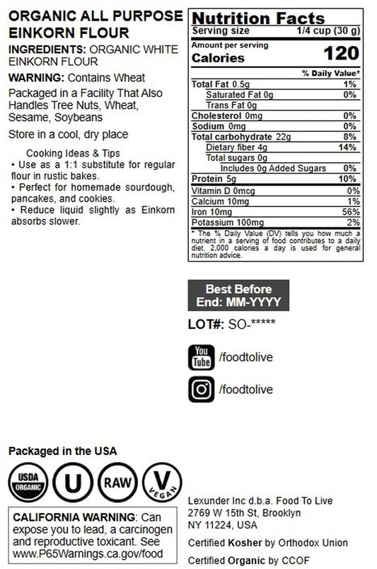 Organic All Purpose Einkorn Flour - Non-GMO, Vegan, Kosher - by Food to Live
