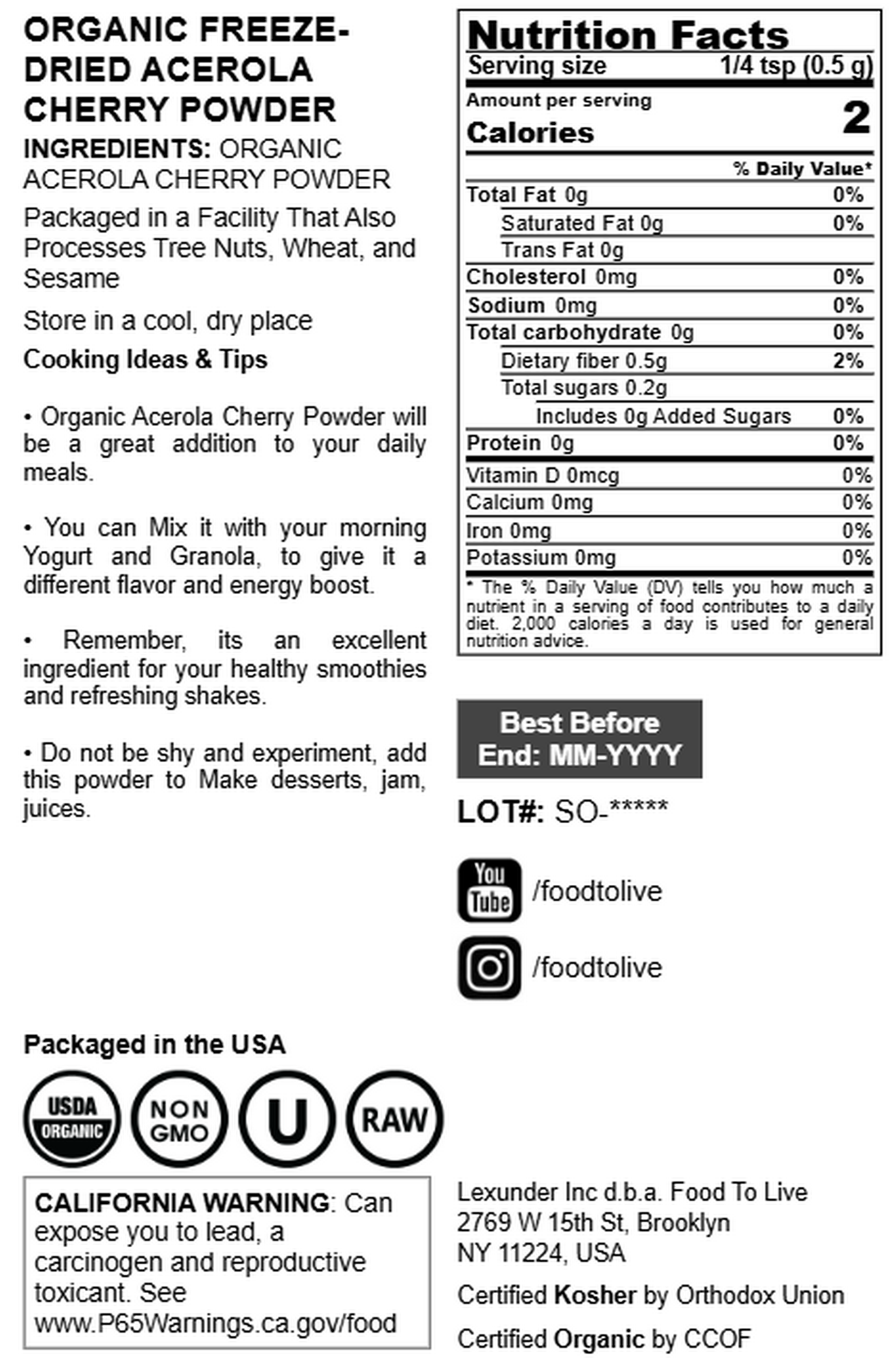 Organic Acerola Cherry Powder - by Food To Live
