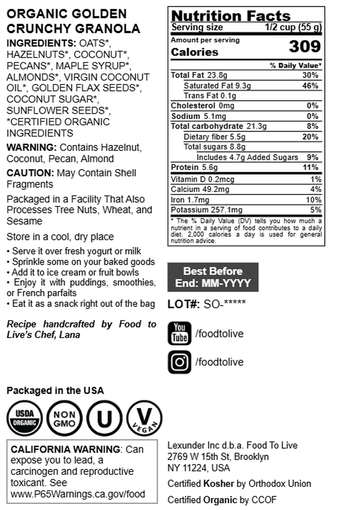 Organic Golden Crunchy Granola - by Food To Live