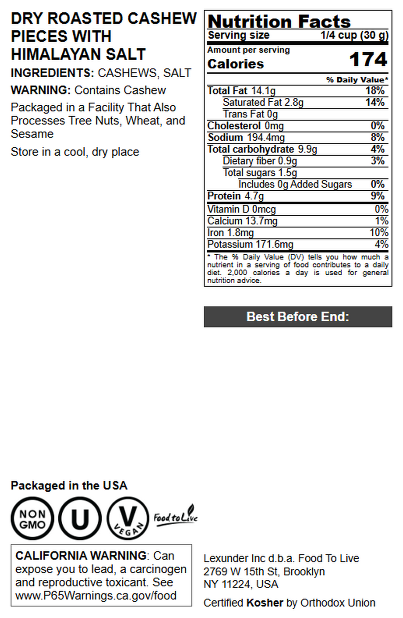 Dry Roasted Cashew Pieces with Himalayan Salt - by Food To Live