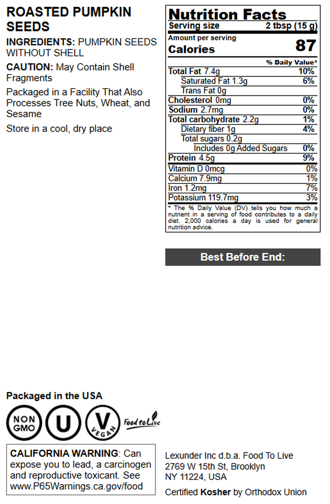 Dry Roasted Pumpkin Seed Kernels - by Food To Live