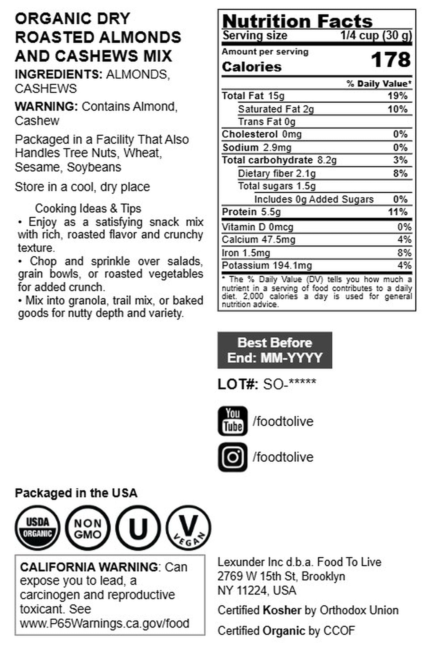Organic Dry Roasted Almonds and Cashews Mix - by Food To Live