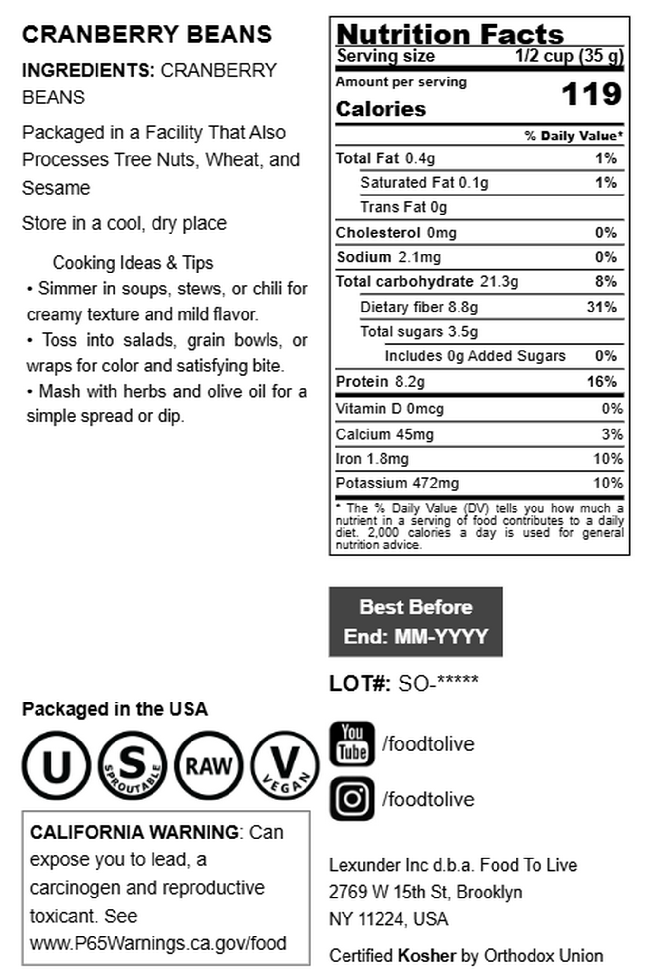 Cranberry Beans - by Food To Live