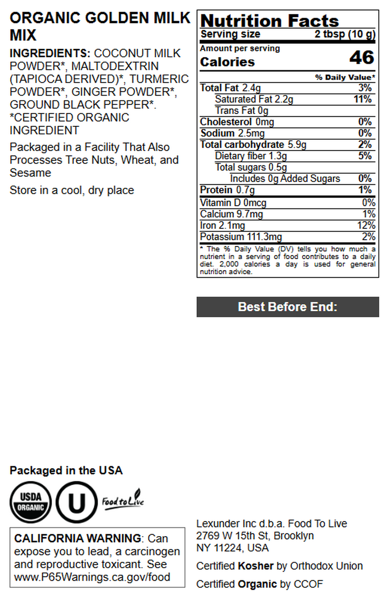 Organic Golden Milk Mix - Non-GMO, Kosher, Vegan - by Food to Live