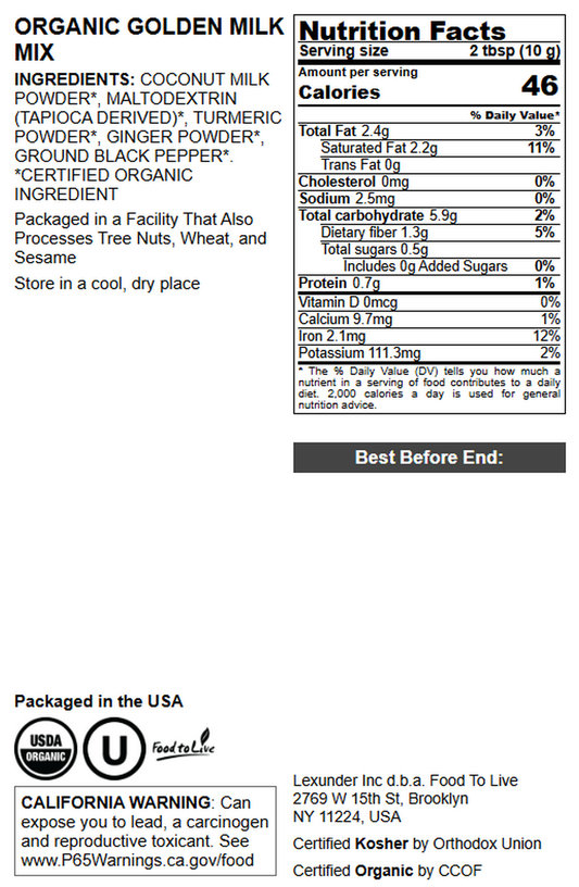 Organic Golden Milk Mix - Non-GMO, Kosher, Vegan - by Food to Live