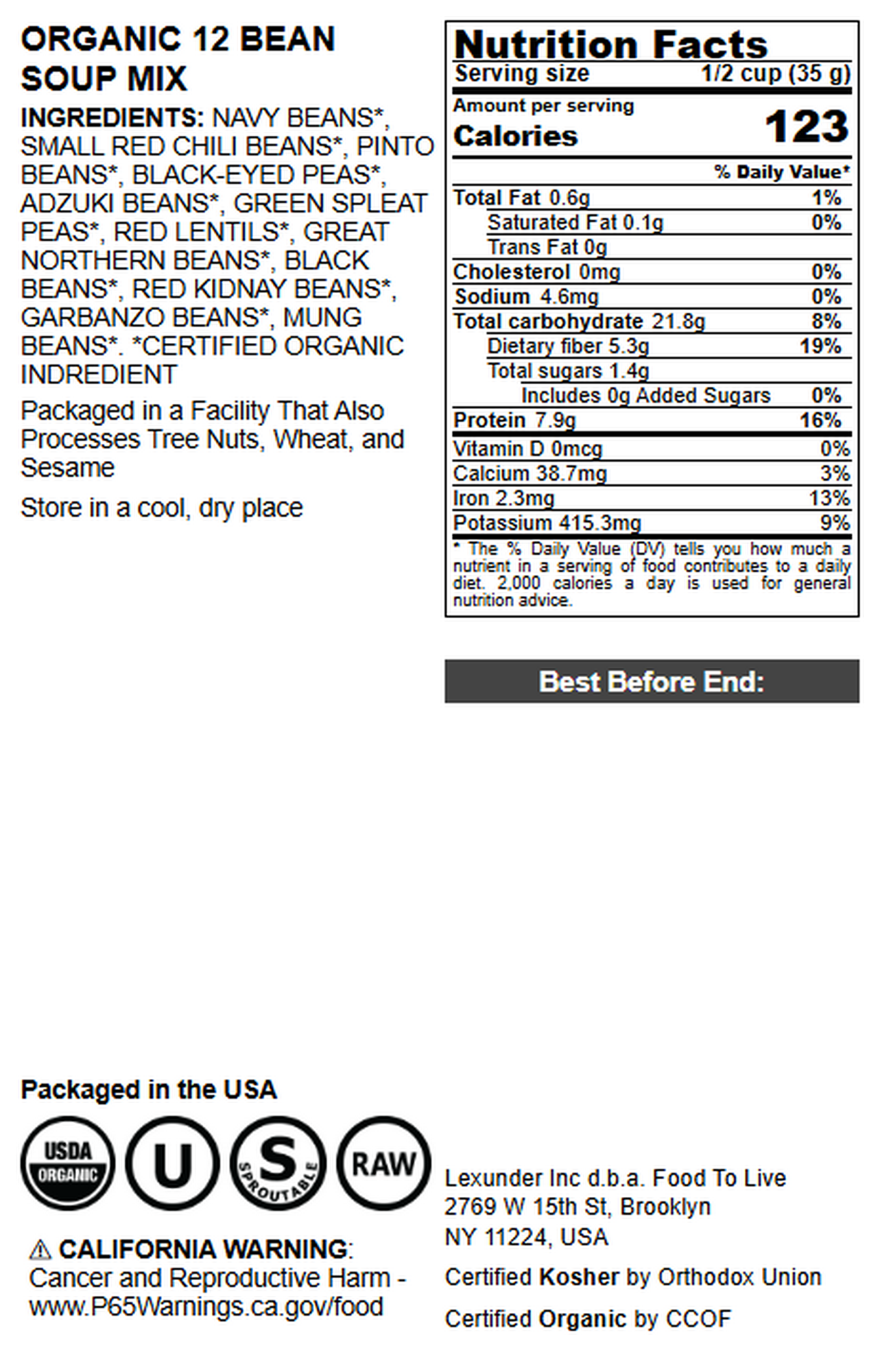 Organic 12 Bean Soup Mix – Vegan, Kosher, Bulk – by Food to Live