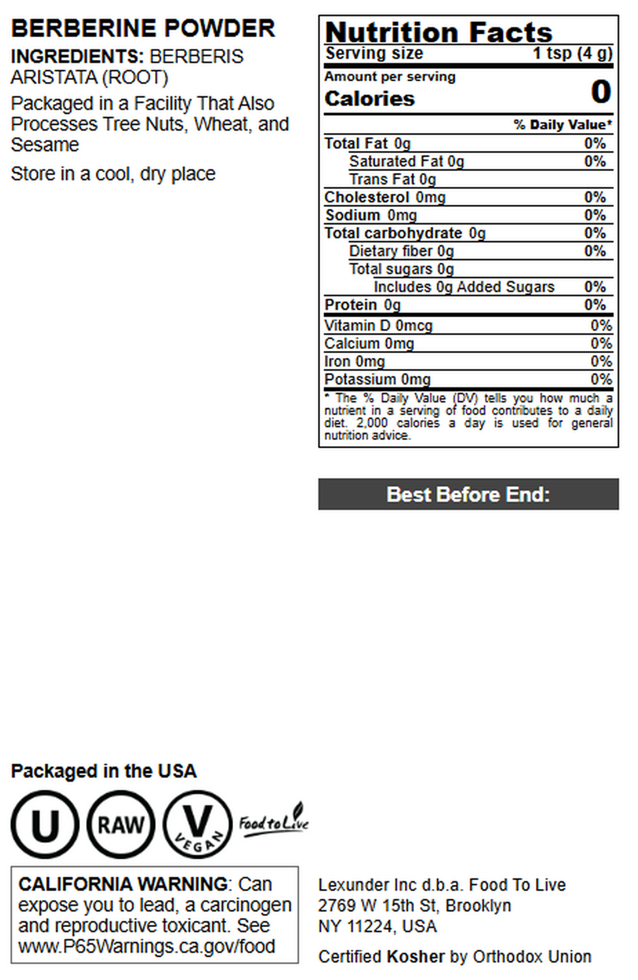 Berberine Root Powder – Vegan, Kosher, Bulk – by Food to Live