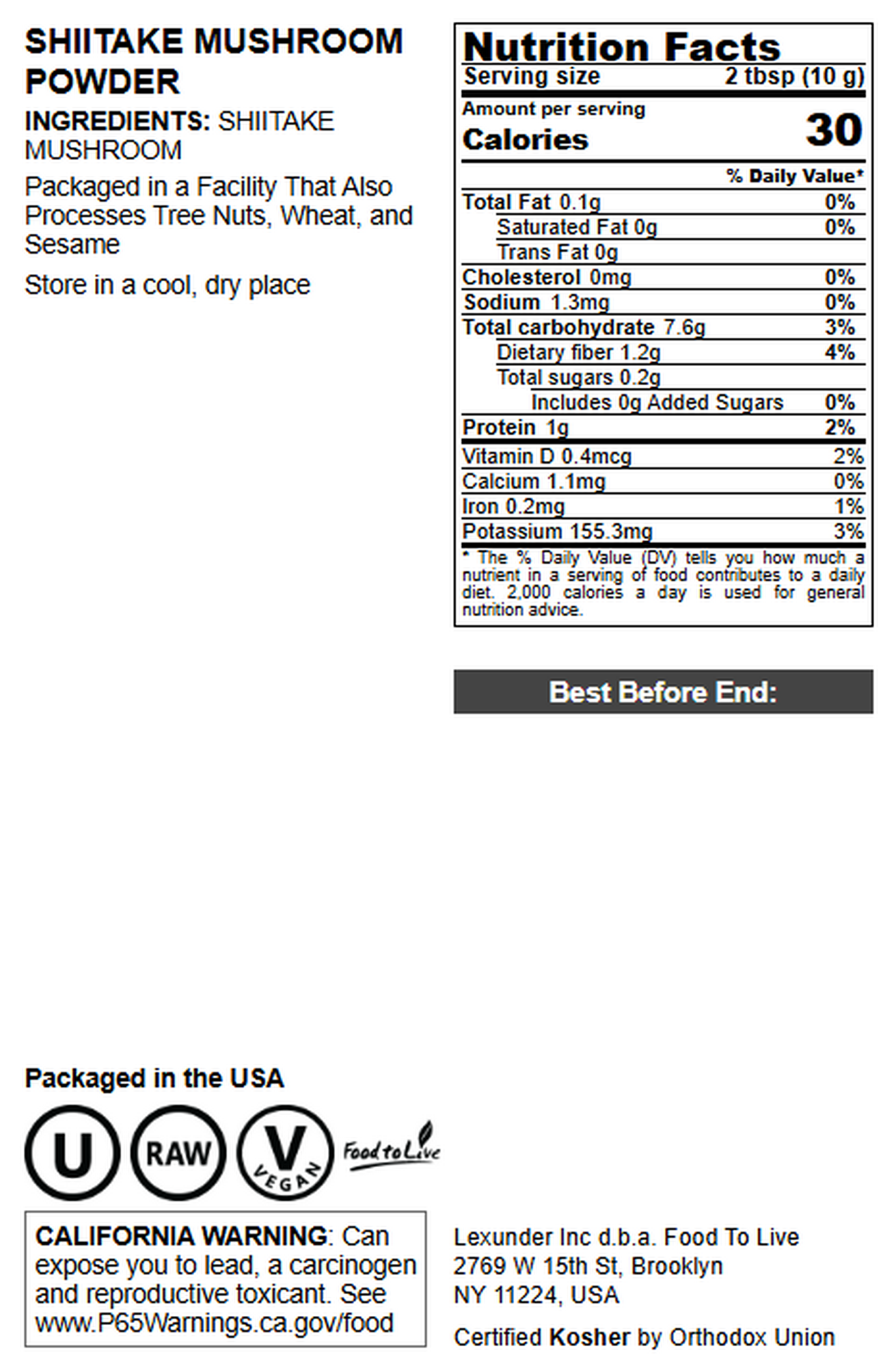Shiitake Mushroom Powder – Kosher, Vegan, Bulk – by Food to Live