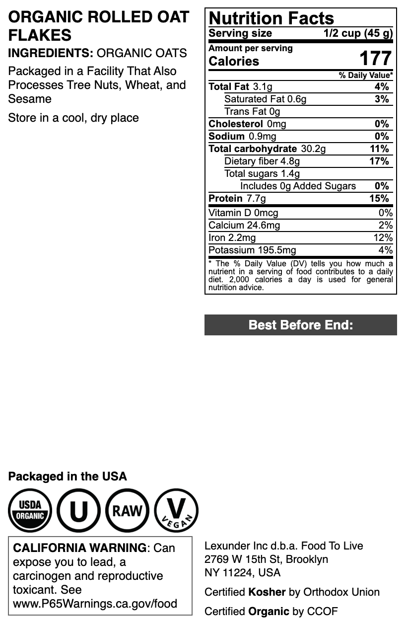 Organic Rolled Oat Flakes - by Food To Live