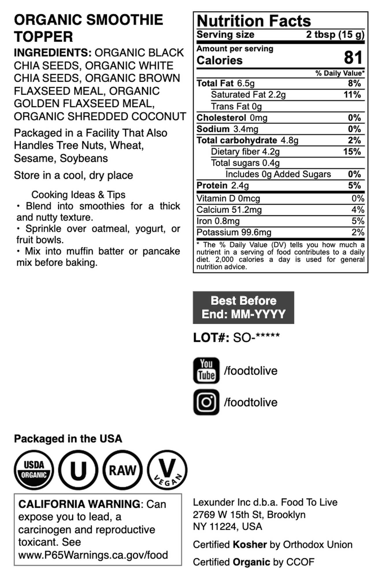 Organic Smoothie Topper - Non-GMO, Vegan, Kosher, Bulk- by Food to Live